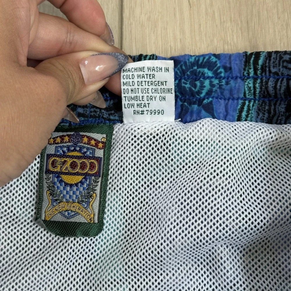 VTG GZood Swim Trunks M Fish Print Blue Teal Nylon‎ Lined Drawstring Shorts Y2K